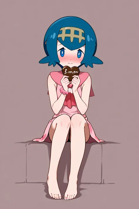 Pokémon Lana blue hair　I'm sitting holding a heart-shaped chocolate in my hand。 shy