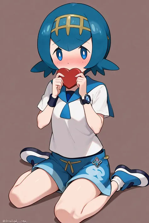 Pokémon Lana blue hair　I'm sitting holding a heart-shaped chocolate in my hand。 shy