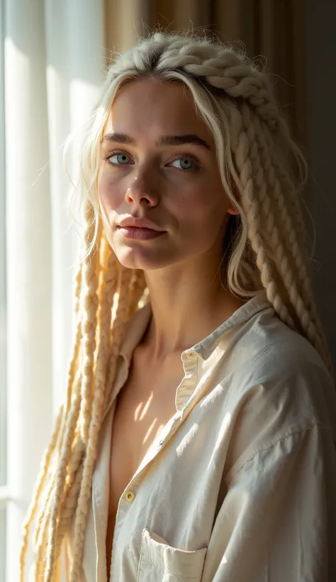 ((Masterpiece)), ((Ultra-detailed)), (High resolution 8K, RAW), A mesmerizing young woman, 23 years old, with long, platinum-blonde dreadlocks resting gently over her shoulders, adorned with tiny silver rings and soft linen threads. Her piercing, light-blu...