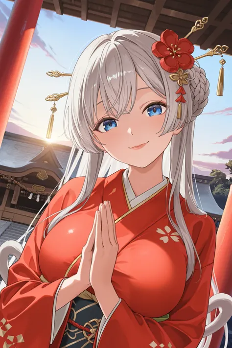  Masterpiece,  top quality,  GREAT QUALITY,  very aesthetic,  high resolution,  Super Detail,   is ridiculous,  latest, scenery, new year shrine visit,   cinematic lights ,  1 girl,  cute, Alone, Gray Hair,  long hair,  braided bun,  red flower hair stick,...
