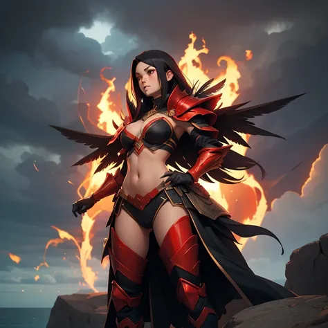 - Main Character, Beautiful "Japanese" Woman with Reddish Black Hair.

- Wearing a costume ("Full Sexy Armor"), a costume that embodies the form of "Akatorimon-Digimon", (Armor Chest and Thighs open).
The costume has a futuristic design, the details of the...