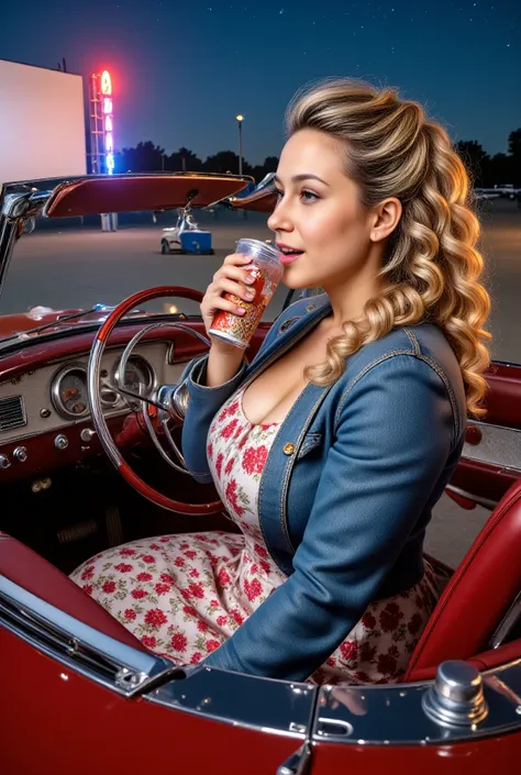 A young woman enjoys a drive-in movie date, wearing a 1950s-style denim jacket over a floral dress with a full skirt. Her hair is styled in soft, bouncy curls with volume at the crown, giving her a playful yet elegant look. She sits in a classic 1950s car,...