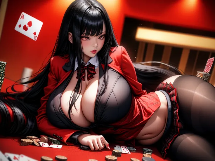 Realistic, One girl, Long black hair, Red eyes, Glowing Eyes, Red blazer, Black plaid skirt, pantyhose, blush, Poker Table、Camel Toe、Giant tit、Nipple Puffs、Cleavage、Plump、Super big breasts、Super big butt