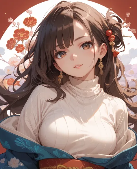 1girl,she like 21 year old,medium breast,long brown hair,dark brown eye,wearing white turtleneck sweater and kimono,(focus on her),pose,(medium saturation),(master piece)