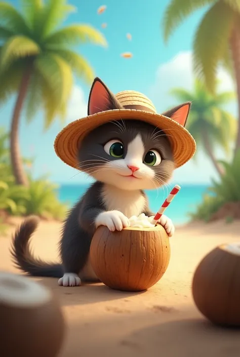 Image of cat wearing a straw hat drinking coconuts juice with motion 