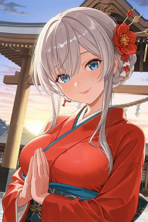  Masterpiece,  top quality,  GREAT QUALITY,  very aesthetic,  high resolution,  Super Detail,   is ridiculous,  latest, scenery, new year shrine visit,   cinematic lights ,  1 girl,  cute, Alone, Gray Hair,  long hair,  braided bun,  red flower hair stick,...