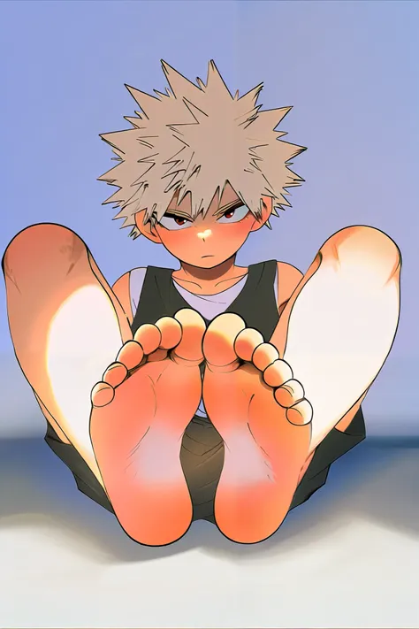 1 menino, shota, katsuki bakugou, yellow hair, red eyes, solo, alone, barefoot, feet, foot fetish, foot focus, casual clothes, total focus on the soles of the feet, hight quality, feet close to the viewer 