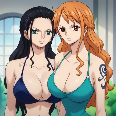  score_8_arriba,  better quality,   source  _animated, 2 girls, Nami and Nico Robin, ,  Long hair,  Big breasts,  looking at the viewer