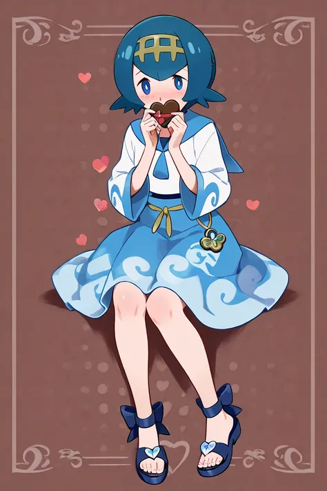 Pokémon Lana blue hair　navy blue sandals 　I'm sitting holding a large heart-shaped chocolate in my hand。 shy　Background red heart pattern 