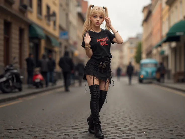 
Ich benötige einen realistischen kleines schwarzen Korsett, (masterpiece, best quality, ultra-detailed, realistic), 1girl, cute face, blonde hair, very petite, slim,street view, full body, black high heel overknee boots, high pony tail, blue eyes, long po...