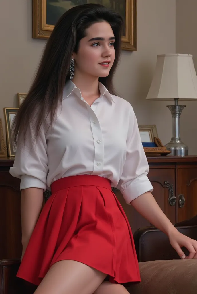  beautiful girl.,    17歳のJennifer Connelly., Beautiful profile,  wears a white shirt and a bright red pleated skirt,    She's Leaning on the Armrest of the Couch .,    Her Beautiful White Skin Is Highlighted   ., Exposed slender and muscular legs ,  shiny ...