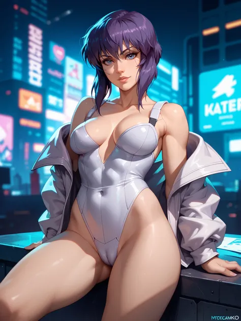 Ghost in the Shell, Motoko Kusanagi, medium breasts, perfect breasts, cleavage, perfect body, cameltoe, cyberpunk background, sexy, seductive, high detail, masterpiece.