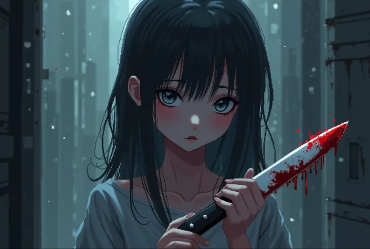 An anime girl holds a bloody knife in her hand，Dull eyes， low fidelity retro video game  ,  Pixel Art Animation , cyberpunk pixel art, Detailed pixel art, 32-bit pixel art, Pixel rain,  pixel art by Girokazze,  High Quality Pixel Art ,  Pixel art style , b...