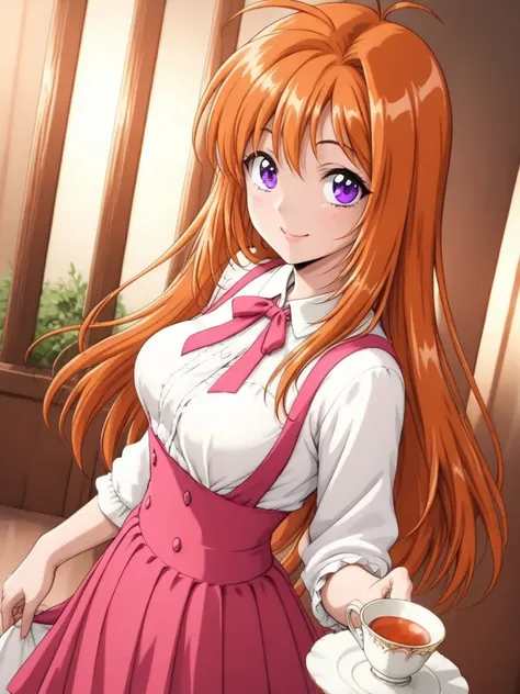 masterpiece, best quality, SaekiRuruna, 1girl, solo, long hair, orange hair, purple eyes, medium breasts, antenna hair, happy, smile, fall fashion, Tea party under the moon, moon night, looking at viewer, movie angle, cinematic angle