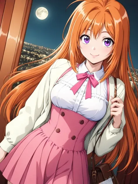 masterpiece, best quality, SaekiRuruna, 1girl, solo, long hair, orange hair, purple eyes, medium breasts, antenna hair, happy, smile, fall fashion, Tea party under the moon, moon night, looking at viewer, movie angle, cinematic angle