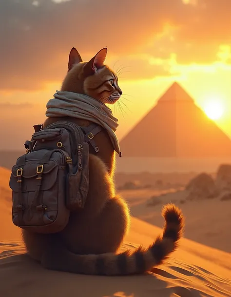 Un majestueux chat aux yeux perçants, assis sur une dune de sable doré, contemplant les pyramides de Gizeh au coucher du soleil. Il porte une tenue d'aventurier détaillée : un petit foulard en lin utilisé par le temps, un harnais en cuir orné de gravures a...