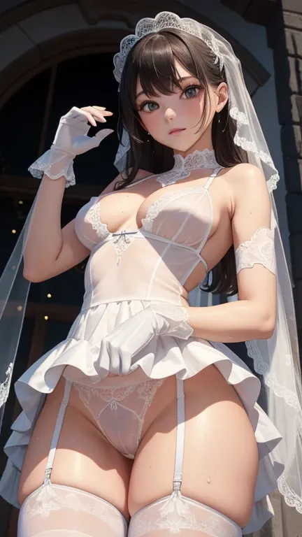 , sensor ,  masterpiece ,  best quality,  view from the top of the viewer ,  masterpiece ,  best quality, very beautiful,  very shy , sweat, Wet vagina, Thin Transparent Sexy Wedding Lingerie, White Lace Gloves