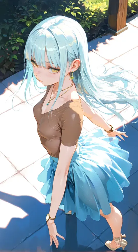 NSFW, masterpiece, best quality, amazing quality, very aesthetic, realistic detailed anime, home, backyard, 1girl, \(alone, long hair, light blue hair, straight bangs, yellow eyes, small breasts, thin, (tall), brown shirt, heels, earrings, necklace, bracel...