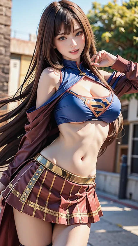   1 girl，big tit female body set ，  Supergirl Costume Dress，redskirt、redminiskirt、Cutting clothes，close，  Off Shoulder Outfit，Charming，  perfect body，street，belly button，Abdominal vest line，Brown Hair、Long Hair、Long Hair、  Sexy Poses