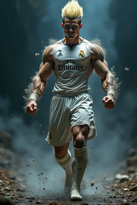 Imagine Cristiano Ronaldo, mas com um cosplay de Vegeta, The Dragon Ball character.  It is in an imposing posture ,  looking like a being from another planet ,  and he is dressed in a completely torn Real Madrid costume ,  showing off his incredible muscle...