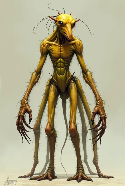 A human withattractive

Hairy, skinny, eight legs, long nose, no antenna, yellow skin, 12 fingers, no tail for eyes