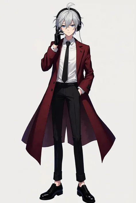 A anime boy with grey hair blue eyes eyes black headphones dark red coat with a black tie white shirt  black pants black shoes and wearing gloves