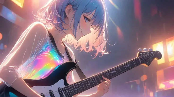 A woman playing a guitar, medium hair,  dazzling smile、