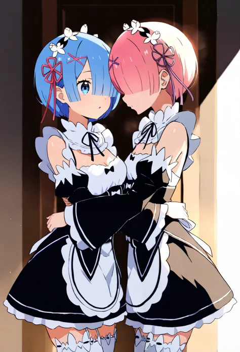 ((year {2021}, masterpiece, high score, great score, absurdres)), anime style, woman in maid clothes, 2 women, (Facing each other, hugをする), REM \(re:Zero\), blue eyes, blue hair, Hair Ornament , hair over one eye, hair ribbon, short hair, x Hair Orna...