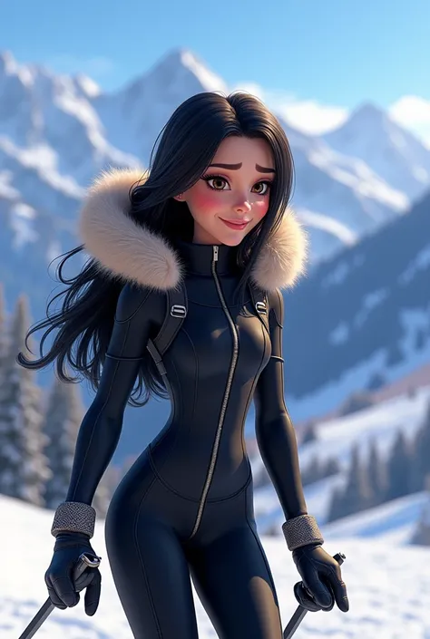 Woman 30, long black hair, wearing black skiing long fitted suit with black fur hood attached. At Beaver Creek Colorado resort. Taking skiing lessons. 

Pixar Disney Cartoon Character 