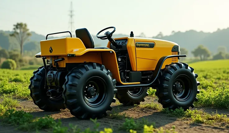 Create an ultra high resolution right side view of 2025 progardan Mini tractor 4x4 painted with yellow written progardan on its work in fields mini size