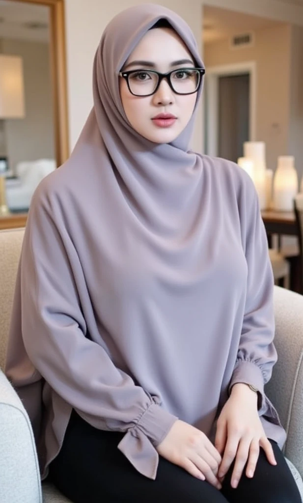 ((SHORT HIJAB)), (Masterpiece: 1.2, Best Quality), Realistic, (Realistic Picture, Complex Details, Depth of Field), Best Quality, Masterpiece, Highly Detailed, Realistic, 1 mature, indonesian old wife, 35 Years Old, chest forward, big breasts, thin lips, b...