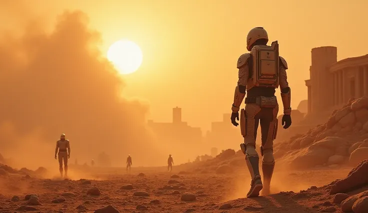 A futuristic sci-fi  cinematic scene of a batle on saturn with futuristic  extraterrestrial alien races wearing  futuristic armored tactical wear with a destroyed battle field ever soldier wanting to conquer the planet with an approaching sand storm and de...