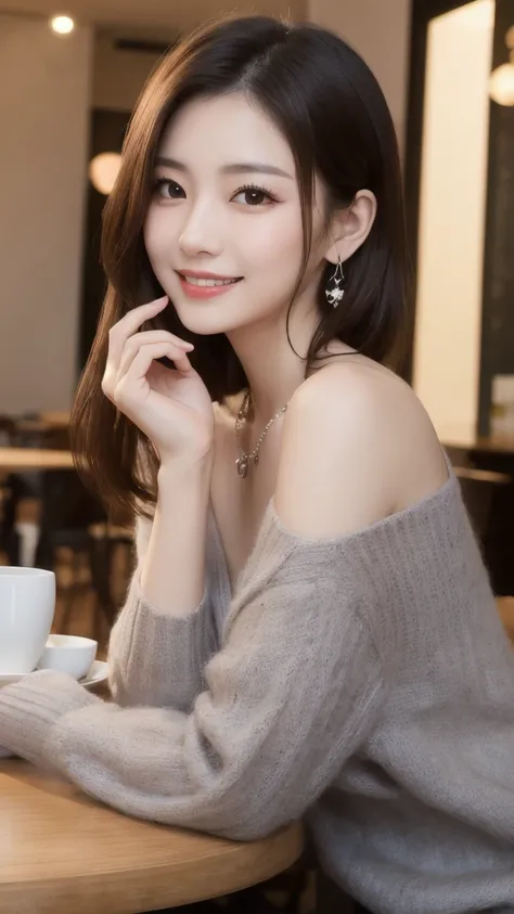  Eye-catching , cute double  ,   mysterious woman enjoying chiffon cake at a cafe,   inside a calm cafe   , Light colored medium hair ,  hairpins,   clothes I chose for my date  , Talented , Kind personality,  Women who are obsessed with details  ,    deta...