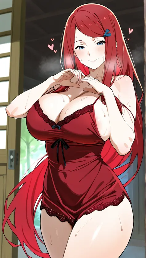   high quality   ,   red camisole,  enchanting pose ,Kushina,  cute smile 、  Masterpiece,     very detailed ,       orgasms  ,    beautiful curvesのある体、  sweat,  Slightly medium boobs ,  beautiful curves,  nightroom  