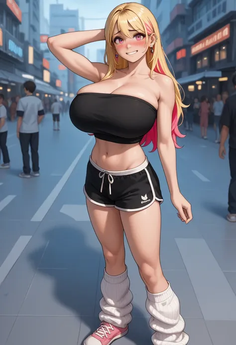 chica alta,  fit girl ,  KJomarin ,  Blond hair,  long hair,  pink eyes,  pending,  ear piercing ,  multicolored hair,  score_9,  score_8_arriba,  score_7_arriba,   source  _animated,  masterpiece, the best quality,  huge breasts ,  striking arrangement , ...