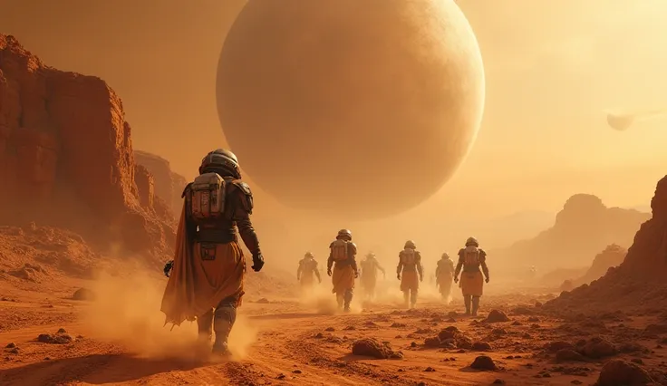 A futuristic sci-fi  cinematic scene of a batle on saturn with futuristic  extraterrestrial alien races wearing  futuristic armored tactical wear with a destroyed battle field ever soldier wanting to conquer the planet with an approaching sand storm and de...