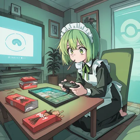 masterpiece, best quality, amazing quality, very aesthetic, high resolution, ultra-detailed, absurdres, newest, Anime screencap, highly detailed, high quality, hyper-Detailed, mistico_ILL. BREAK. 1girl, solo, sitting, controller, maid, indoors, green hair,...