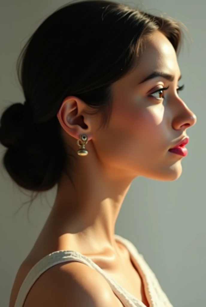 Side profile of a Sri Lankan woman in her early 20s with higher Indo-Aryan heritage, fair skinned