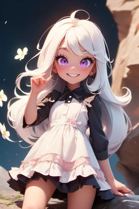 Perfect face. Perfect hands. A white haired baby girl with violet eyes in a white and black dressis smiling while playing with a flower by a cliff