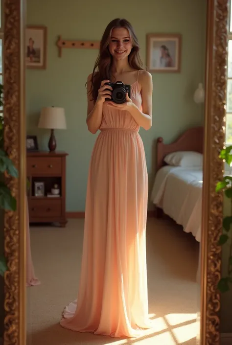 Create the same girl in the photo but wearing a long dress smiling taking a picture in the bedroom mirror