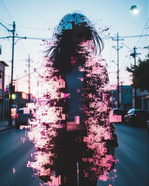 girl, silhouette, scratch effect, cube particle, scratch effect on face, double exposure, transparent body, backlight, twilight , VHS glitch effect background,   . (masterpiece, best quality:1.2). 