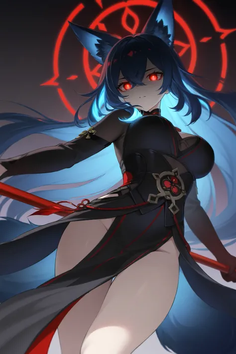  fox ears、Dark blue hair、 long hair、Fox Tail、Dos black red eyes、フード付きFeather毛Feather衣、 best thighs、 Genshin、Feather、Swarm of crows、Red spear 、Halo、 beautiful skin、Clear shadows、Glowing Hair、 glowing eyes