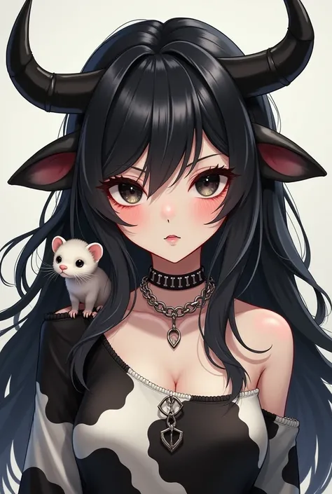  I want a second-life style girl , white,  with black hair,  cow horns and ears,  black eyes, a chain on my face ,  cow clothes and a ferret on her shoulder