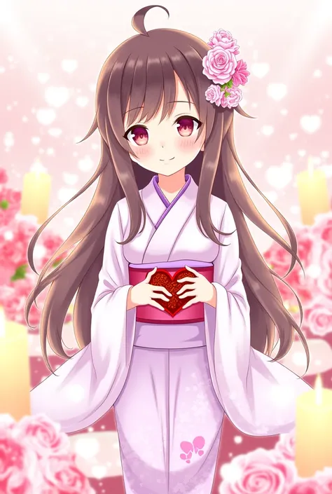  A romantic Valentine's-themed illustration of Murasaki Shikibu, a character from Fate/Grand Order. She is dressed in a beautiful, elegant kimono, adorned with soft pastel colors like pink and lavender, with floral patterns symbolizing love. Her long, dark...