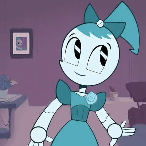 dance dress jenny, jenny wakeman, 1girl, solo, robot joints, black eyes, white skin, blue hair, ponytail, hair bow, blue rose chest corsage, poofy dress, flat lighting, half body shot, smile, closed mouth, looking at viewers, indoors
