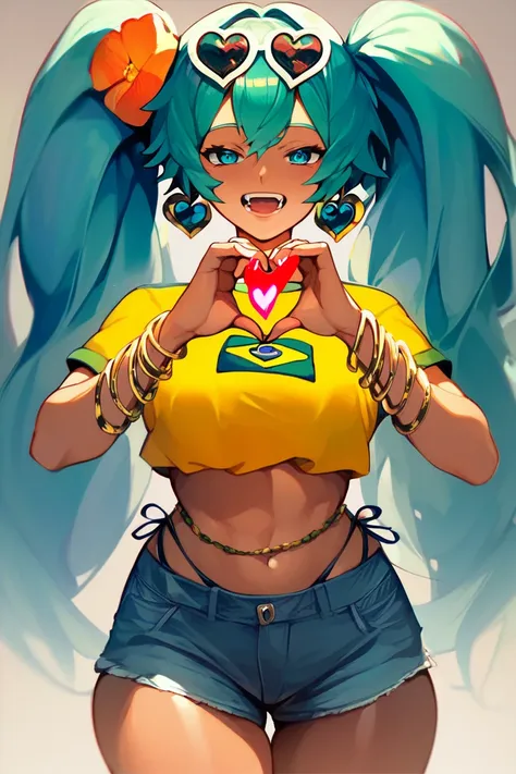 score_9, score_8_up, score_7_up, hatsune, yellow shirt, brazilian flag, heart hands, solo, bedroom