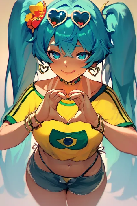 score_9, score_8_up, score_7_up, hatsune, yellow shirt, brazilian flag, heart hands, solo, bedroom