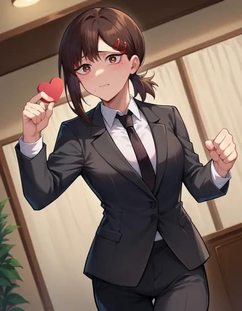 
kobeni-higashiyama, Dongshan Xiaohong,   black hair,  Hair Ornament,  hair clips,  mole,  mole under eye,  ponytail,  short hair,  brown eyes,
black  tie, black   pants, business  suit, formal,  Long Sleeve,  tie,   pants,  suit, cowboy shot,  Dutch angle...