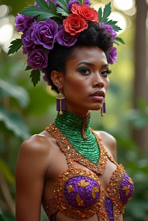 Create a half-naked woman with extravagant and daring futuristic clothing made of straw traced with purple grapes with green and red ruffled flowers with straw and açaí colors and queen-style neckline from samba school 