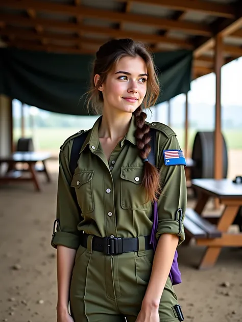 The image features a young woman with fair skin and long, slightly wavy brown hair tied into a loose side braid. She is wearing a well-fitted olive-green military uniform, consisting of a rolled-up sleeve shirt and high-waisted pants secured with a black t...